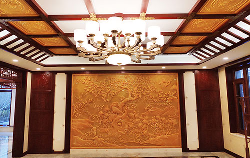 独山中式别墅客厅中式木作横梁吊顶装饰展示